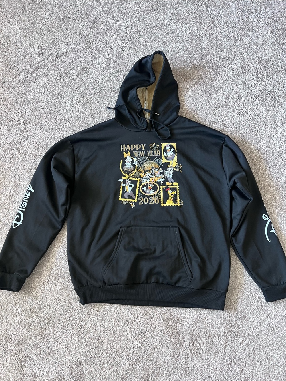 Disney New Year 2026 Graphic Black Hoodie with Gold & White and Fur lining. XL